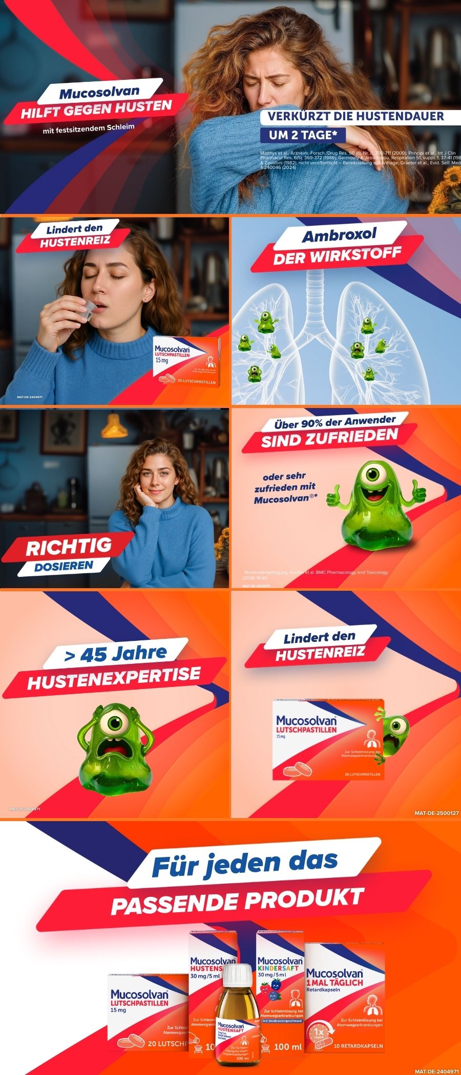 Collage von Bildern. Produkte, Personen, Texte. Mucosolvan Lutschpastillen, Husten, Dosierung, etc.